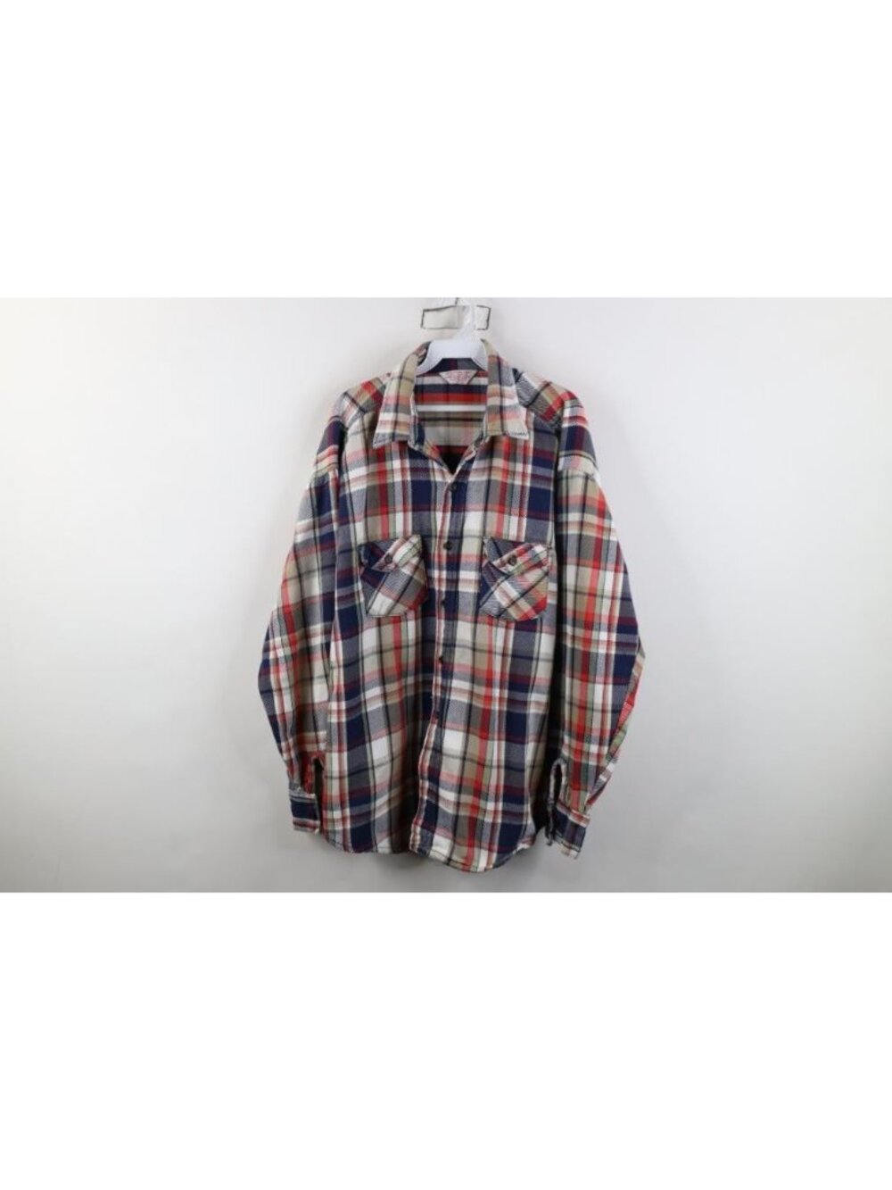 Vtg 70s Distressed Heavyweight Collared Flannel Button Shirt Mens 2XL Plaid USA